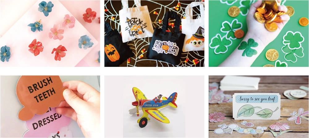 ハロウィンバッグ、花のクラフト、三つ葉のタトゥーシール、飛行機のペーパークラフトなどのデザイン例を紹介する画像
