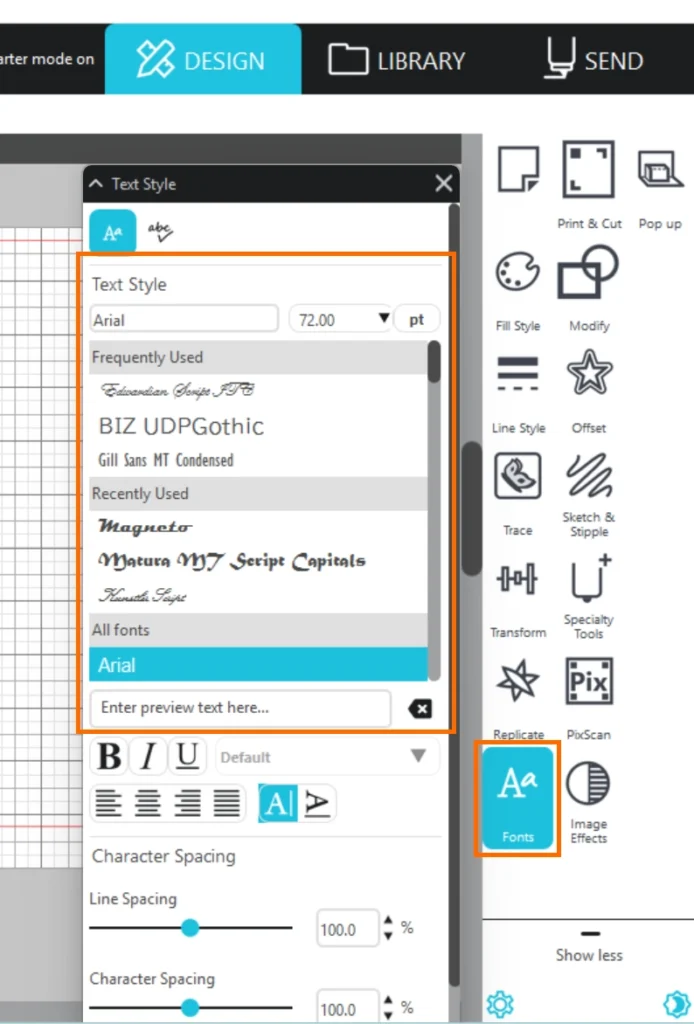 Silhouette studioのフォントリスト
